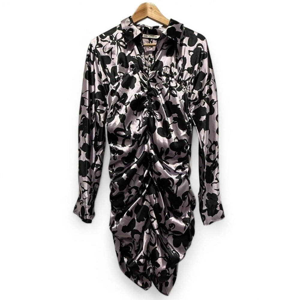 Zara black and white floral print dress with ruched detail